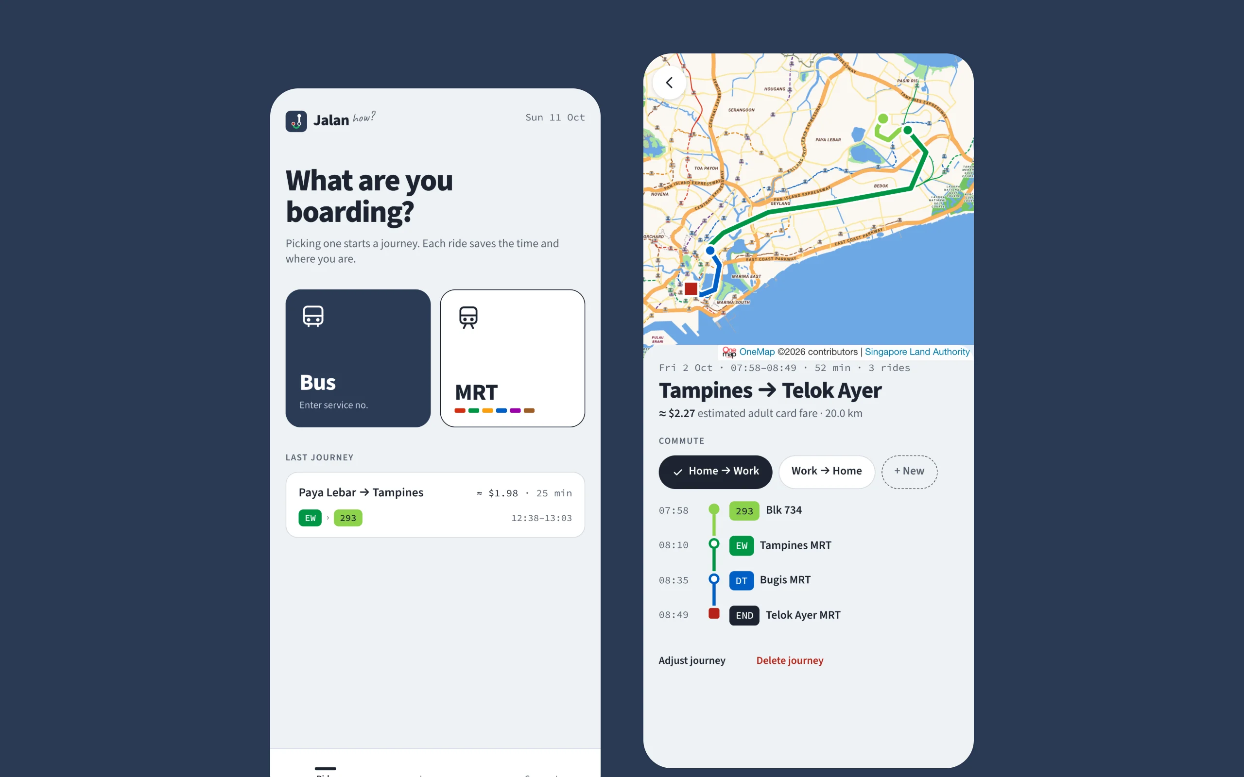 Jalan's Ride tab and a finished journey from Tampines to Telok Ayer on the map